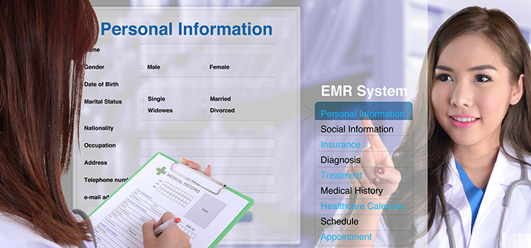 girl pointing at EMR system UI